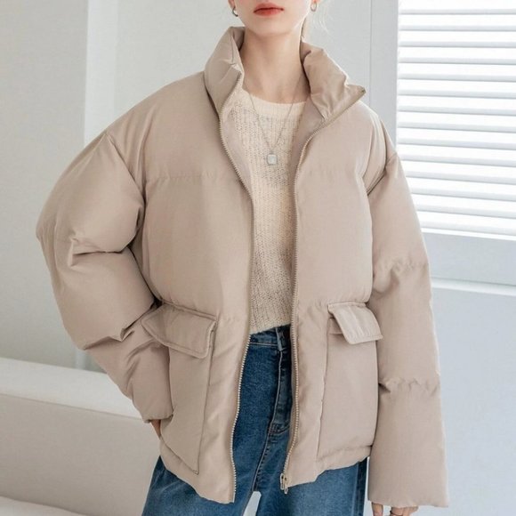 . Jackets & Blazers - beige Zip up Drawstring Hem Flap Pocket Puffer Coat Comfy fall winter